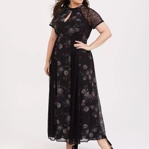 Torrid Black Floral Chiffon Lace Maxi Dress Womens 4X Whimsygoth Sheer Feminine